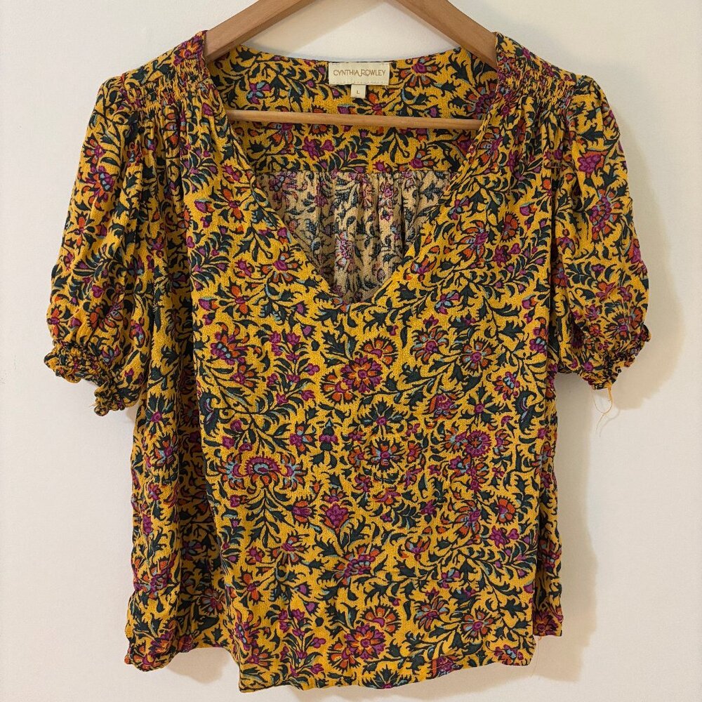 Cynthia Rowley Yellow Floral Puff Sleeve Blouse – Boho Vibes, Size L